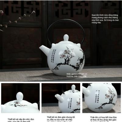 BỘ ẤM CHÉN HOA ĐÀO VẼ THEO LỐI THƯ PHÁP